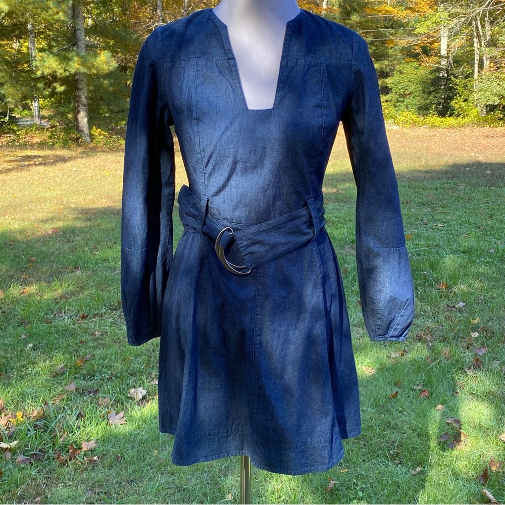 FREE PEOPLE DRESS MINI BLUE DENIM BELTED PUFF SLEEVE SIZE XS